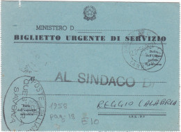 ITALIA - REPUBBLICA - BIGLIETTO URGENTE DI SERVIZIO - VIAGGIATO DA SAVONA - PER REGGIO CALABRIA - 1958 - Somalie