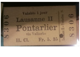 Ticket  Chemins De Fer Suisses Lausanne à Pontarlier - Andere & Zonder Classificatie