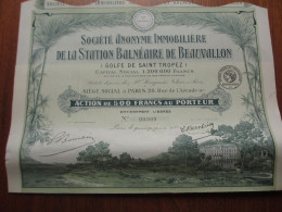 FRANCE - 83 - VAR - IMMOBILIERE STATION BALNEAIRE DE BEAUVALLON : GOLFE DE ST TROPEZ - ACTION 500 FRS - PARIS 1921 - Otros & Sin Clasificación