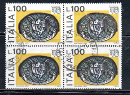 ITALIA REPUBBLICA ITALY REPUBLIC 1976 ESPOSIZIONE MONDIALE FILATELIA STAMP EXPO 76 LIRE 100 QUARTINA BLOCK USATO USED - 1971-80: Afgestempeld