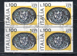 ITALIA REPUBBLICA ITALY REPUBLIC 1976 ESPOSIZIONE MONDIALE FILATELIA STAMP EXPO 76 LIRE 100 QUARTINA BLOCK USATO USED - 1971-80: Afgestempeld