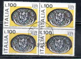 ITALIA REPUBBLICA ITALY REPUBLIC 1976 ESPOSIZIONE MONDIALE FILATELIA STAMP EXPO 76 LIRE 100 QUARTINA BLOCK USATO USED - 1971-80: Afgestempeld