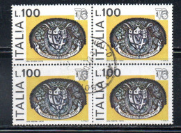 ITALIA REPUBBLICA ITALY REPUBLIC 1976 ESPOSIZIONE MONDIALE FILATELIA STAMP EXPO 76 LIRE 100 QUARTINA BLOCK USATO USED - 1971-80: Used