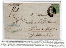 1866 - GB 1/ Green Plate 4 On Letter From St Thomas To Guadeloupe, Colonial Tax 12déc. At Pointe-à-Pitre. Cert RPS - Marcofilia