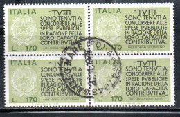 ITALIA REPUBBLICA ITALY 1977 PROPAGANDA PER LA FEDELTA' CONTRIBUTIVA DEI REDDITI QUARTINA BLOCK LIRE 170 USATO USED - 1971-80: Usados