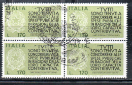 ITALIA REPUBBLICA ITALY 1977 PROPAGANDA PER LA FEDELTA' CONTRIBUTIVA DEI REDDITI QUARTINA BLOCK LIRE 170 USATO USED - 1971-80: Used