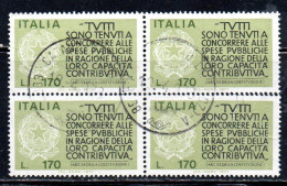 ITALIA REPUBBLICA ITALY 1977 PROPAGANDA PER LA FEDELTA' CONTRIBUTIVA DEI REDDITI QUARTINA BLOCK LIRE 170 USATO USED - 1971-80: Oblitérés