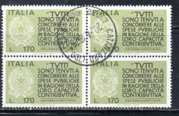 ITALIA REPUBBLICA ITALY 1977 PROPAGANDA PER LA FEDELTA' CONTRIBUTIVA DEI REDDITI QUARTINA BLOCK LIRE 170 USATO USED - 1971-80: Oblitérés