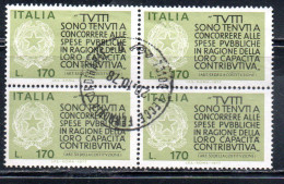 ITALIA REPUBBLICA ITALY 1977 PROPAGANDA PER LA FEDELTA' CONTRIBUTIVA DEI REDDITI QUARTINA BLOCK LIRE 170 USATO USED - 1971-80: Afgestempeld