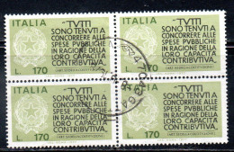 ITALIA REPUBBLICA ITALY 1977 PROPAGANDA PER LA FEDELTA' CONTRIBUTIVA DEI REDDITI QUARTINA BLOCK LIRE 170 USATO USED - 1971-80: Usados