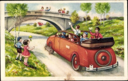 CPA Kinder Im Auto, Brücke, Abschied, Birken, Urlauber - Other & Unclassified