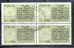 ITALIA REPUBBLICA ITALY 1977 PROPAGANDA PER LA FEDELTA' CONTRIBUTIVA DEI REDDITI QUARTINA BLOCK LIRE 170 USATO USED - 1971-80: Gebraucht