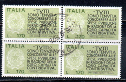 ITALIA REPUBBLICA ITALY 1977 PROPAGANDA PER LA FEDELTA' CONTRIBUTIVA DEI REDDITI QUARTINA BLOCK LIRE 170 USATO USED - 1971-80: Oblitérés