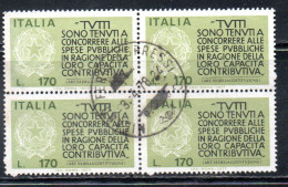 ITALIA REPUBBLICA ITALY 1977 PROPAGANDA PER LA FEDELTA' CONTRIBUTIVA DEI REDDITI QUARTINA BLOCK LIRE 170 USATO USED - 1971-80: Afgestempeld