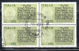 ITALIA REPUBBLICA ITALY 1977 PROPAGANDA PER LA FEDELTA' CONTRIBUTIVA DEI REDDITI QUARTINA BLOCK LIRE 170 USATO USED - 1971-80: Usados