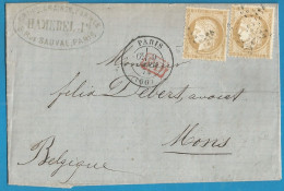 FRANCE - Cérès N°59 (2x) Sur Lettre De PARIS à MONS (Belgique) Du 9/1/74 + PD Encadré En Rouge - 1871-1875 Ceres