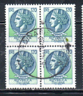 ITALIA REPUBBLICA ITALY REPUBLIC 1977 TURRITA SIRACUSANA LIRE 120 QUARTINA BLOCK USATO USED OBLITERE' - 1971-80: Usados