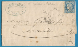 FRANCE - Cérès N°60A Sur Lettre De ORAN à MARSEILLE + Cachet "BATEAU A VAPEUR" Du 2/3/72 - 1871-1875 Ceres