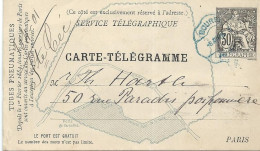 Timbres France Carte Telegramme 30 C Chaplain Gris Obliteration Paris Rue Paradis Poissonniere Entier - Pneumatiques