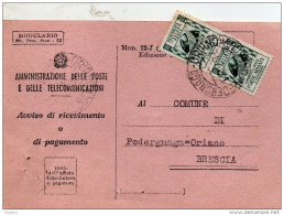 1952 RICEVUTA DI RITORNO CON ANNULLO PEDERGNAGO BRESCIA - 1946-60: Marcophilia