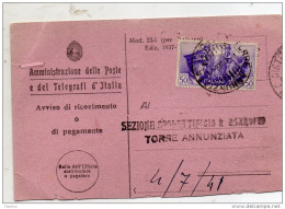 1941   RICEVUTA DI RITORNO CON ANNULLO TORRE ANNUNZIATA NAPOLI - Marcophilie