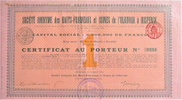 S.A. Hauts-Fourn.et Usines De L'Olkovaia (Ousp.)- Certificat  Au Port (1914) - Mineral