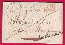 CURSIVE 27 LA BAZOCHE EURE ET LOIR CAD TYPE 13 BROU + PP ROUGE TAXE LOCALE 1 AU DOS LETTRE - 1801-1848: Precursors XIX