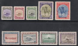 Greenland 1945 New York Issue 9 Val. MNH Seal, King Christian On Horseback, Dog Sled, Polar Bear, Eskimo In Kajak, Eider - Ungebraucht