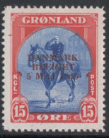 Greenland 1945 15 Ǿre Danmark Befriet Issue 1 Value. MNH King Christian On Horseback - Ungebraucht