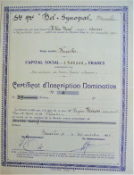 S.A. Bel. SYNOPAL - Souscription Nominative De 39 Actions Au Nom De Monsieur Eugène Fréson - Bruxelles - Mineral