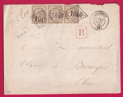 N°56 BANDE DE 3 GC 1040 CLAMECY NIEVRE 1875 LETTRE RECOMMANDEE POUR BOURGES CHER BUREAU DE PASSE 2654 NEVERS LETTRE - 1849-1876: Période Classique