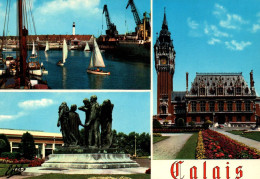 RECTO/VERSO - CPSM - CALAIS - VOILIERS AU BASSIN DES YACHTS (PORT) - LES BOURGOIES DE RODIN - HOTEL DE VILLE (BROUWER) - Calais