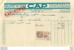 C.A.P. LES CONSTRUCTEURS ASSOCIES DE PARIS FACTURE 1932 AVEC TIMBRE FISCAL - 1900 – 1949