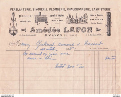 FACTURE 1938 BIGANOS AMEDEE LAFON FERBLANTERIE ZINGUERIE PLOMBERIE - 1900 – 1949