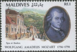 Mozart, Member Masonic Lodge Zur Wohltätigkeit, Spa At Baden, Freemasonry, Composer, Opera, MNH Maldives - Franc-Maçonnerie