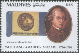 Mozart, Vienna Masonic Seal On Stamp, Masonic Lodge, Freemasonry, Composer, Opera, MNH Maldives Extremely RARE - Freimaurerei