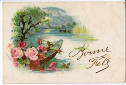 CPA ROSES BONNE FÊTES BARQUE RIVIÈRE ARBRES ROSEAUX (2141)_CP546 - Fleurs