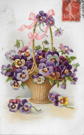 Belle Carte Postale 1908  - FLEURS - PANIER  DE PENSEES - Fleurs