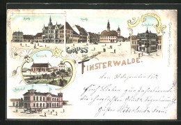 Lithographie Finsterwalde, Markt, Turnhalle, Bahnhof  - Finsterwalde