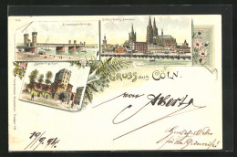 Vorläufer-Lithographie Köln, 1894, Teilansicht V. Deutz Gesehen, Eisenbahnbrücke, Severinstor  - Köln