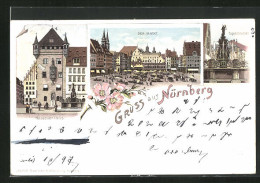 Lithographie Nürnberg, Nassauer-Haus, Der Markt, Tugendbrunnen  - Nuernberg