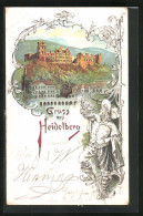 Lithographie Heidelberg, Teilansicht, Hornbläser  - Heidelberg