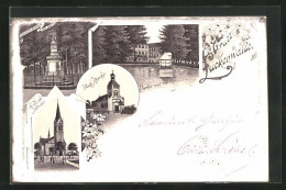 Lithographie Luckenwalde, St. Jacobi-Kirche, Kriegerdenkmal, Kath. Kirche  - Luckenwalde