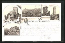 Lithographie Annweiler, Burg-Ruine Trifels, Ortsansicht, Anebos, Münz  - Autres & Non Classés