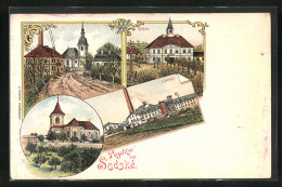 Lithographie Sadské, Radnice, Cokrovar, Kostel  - Tchéquie
