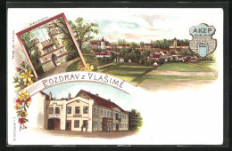 Lithographie Vlasim, Hotel U Karla IV., Brana Do Parku, Celkový Pohled, Wappen  - Tchéquie