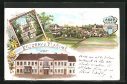 Lithographie Vlasim, Hotelu Karla IV. Jar. Bazika, Celkový Pohled, Brana Do Parku  - Tchéquie
