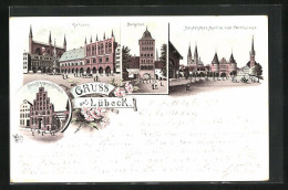 Lithographie Lübeck, Schiffergesellschaft, Burgthor, Rathaus, Holstenthor  - Luebeck