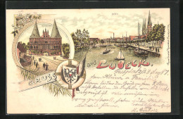 Lithographie Lübeck, Holstenthor, Am Hafen  - Lübeck