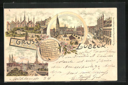 Lithographie Lübeck, Geibel-Denkmal, Breitestrasse Und Rathaus, Marktplatz  - Luebeck